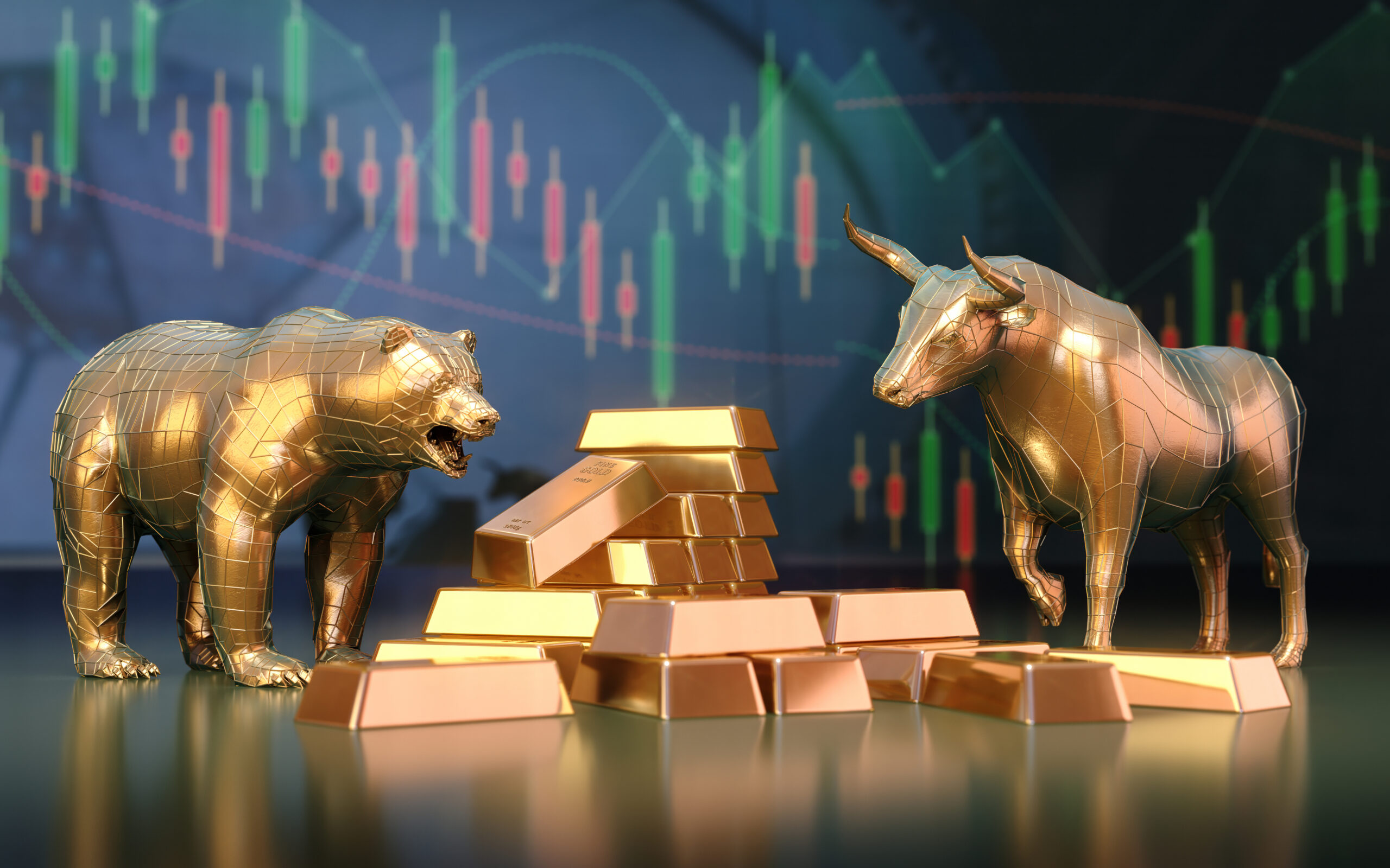 3d render Sitting Gold Bars and Bull Bear Season Sitting on Financial Chart Background, Finance Concepts (Depth of field)